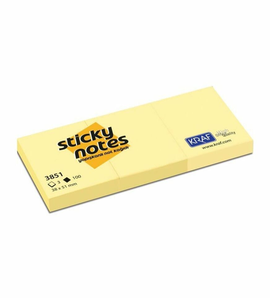 Kraf Yapışkanlı Not Kağıdı 38*51 Sarı 3851 3'Lü