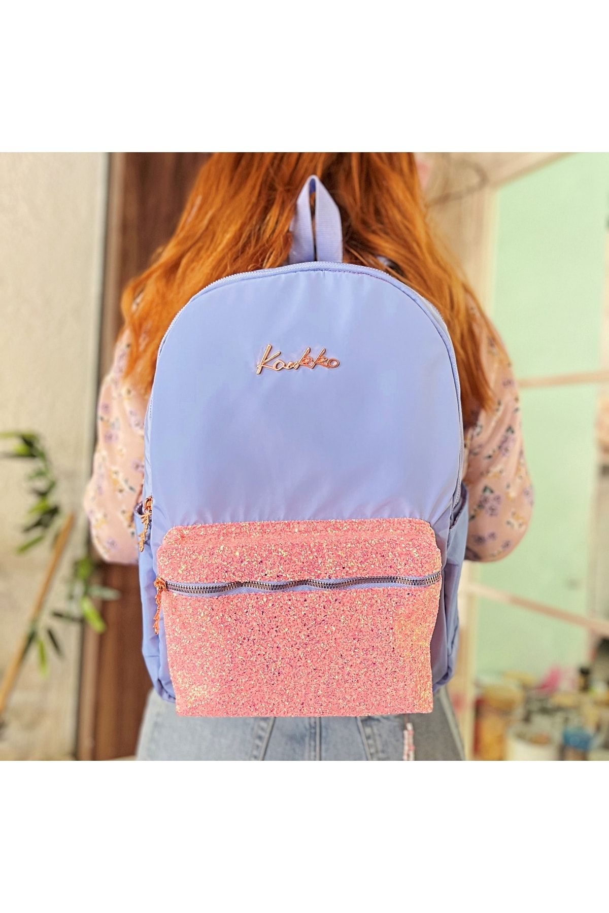 Bright Taşlı Floral Mavi Sırt Çantası