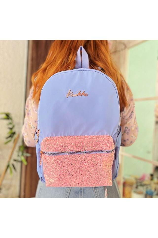 Bright Taşlı Floral Mavi Sırt Çantası